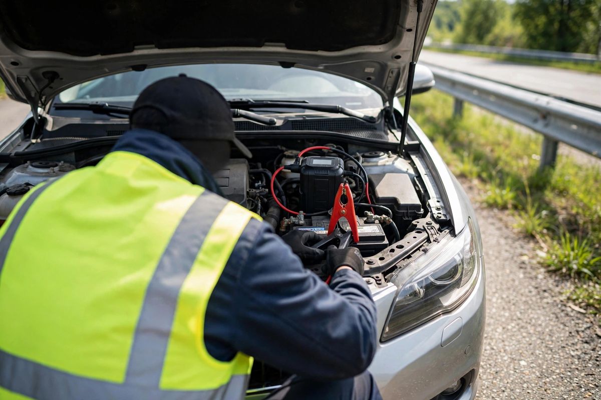 Technician jump starting a car