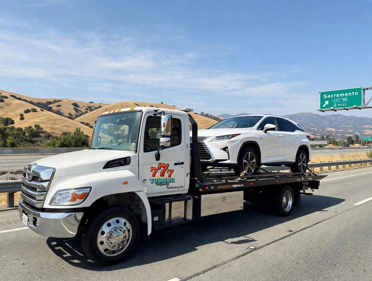 Tow truck carrying a car on a highway