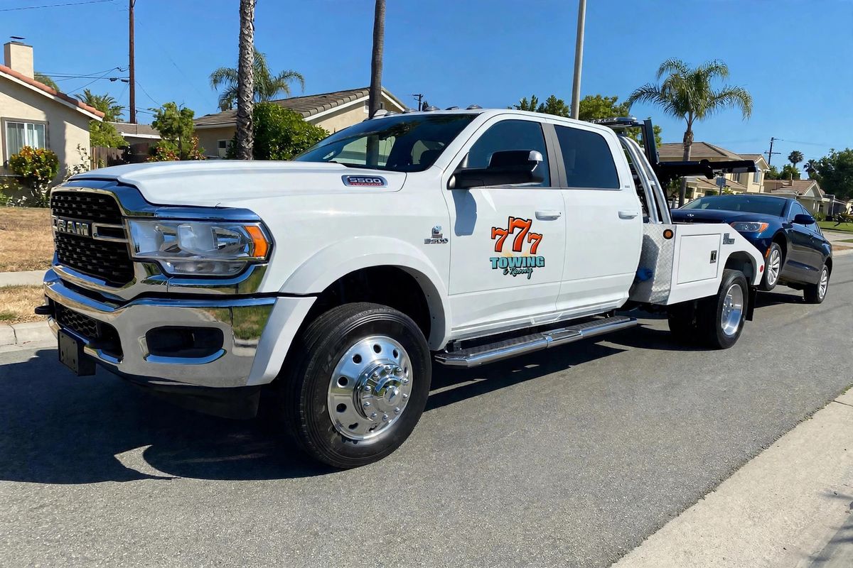 Wheel lift tow truck towing a car